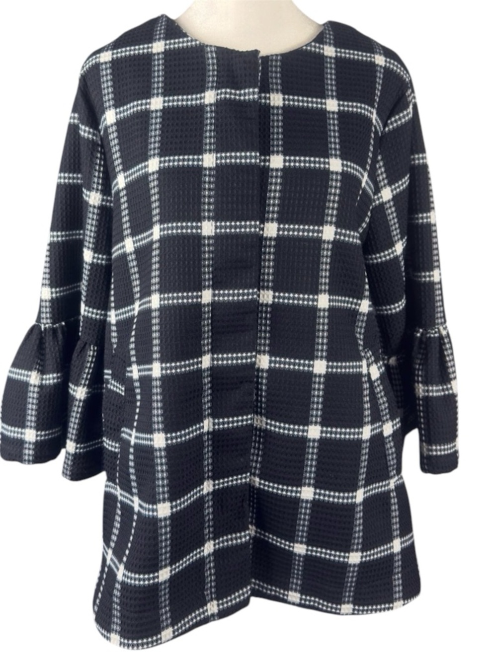 Entro windowpane plaid cropped zip up jacket blazer w ruffle bell sleeves size M